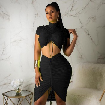 Turtle Neck Neon Pleated Crop Top Skirt Sets Women Party Casual 2 Piece Set Short Sleeve Tee & Tube Skirt Matching Sets Female